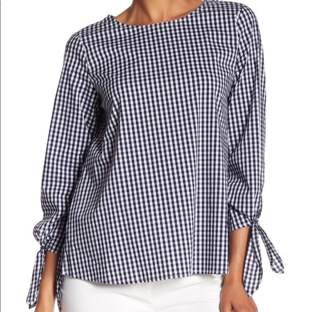 Vince Camuto Black White Gingham Top Blouse Long Sleeve Tie XS